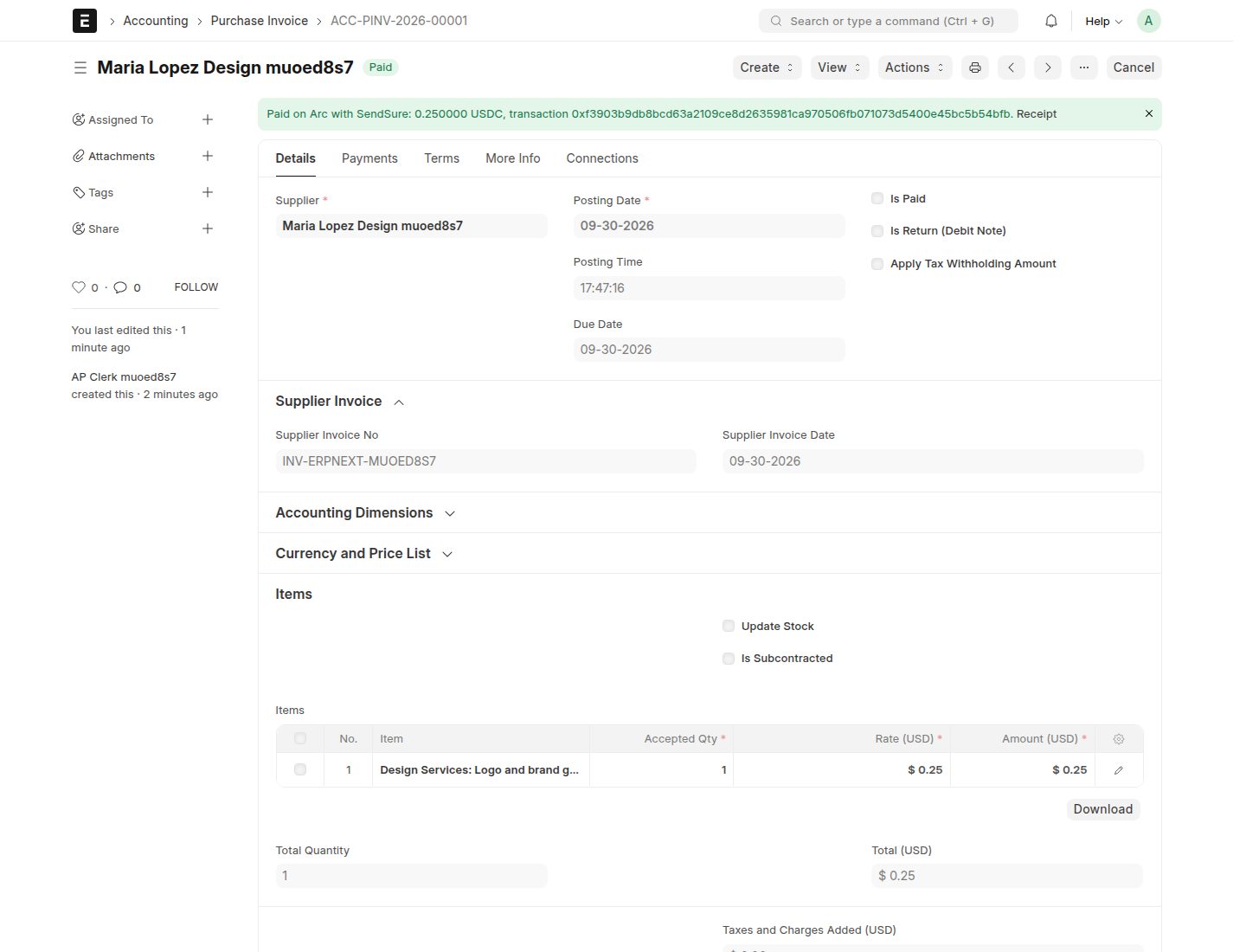 An ERPNext purchase invoice paid with SendSure: 0.250000 USDC with the Arc transaction and a link to the receipt