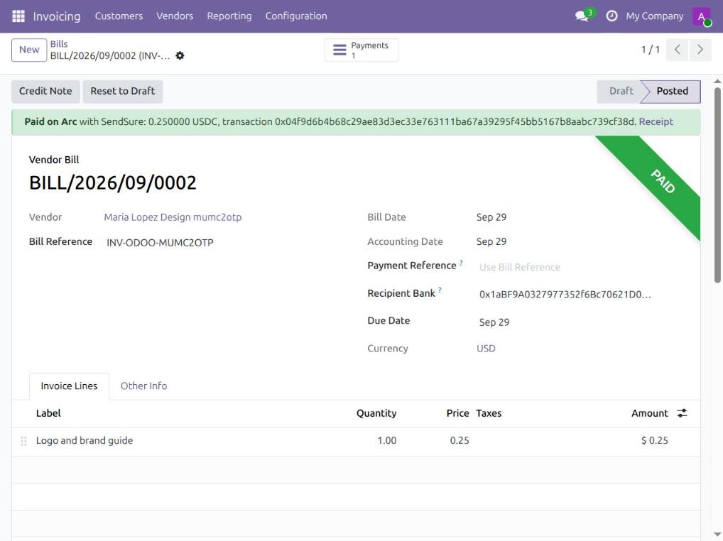 An Odoo vendor bill paid with SendSure, recorded with the exact USDC amount and the Arc transaction