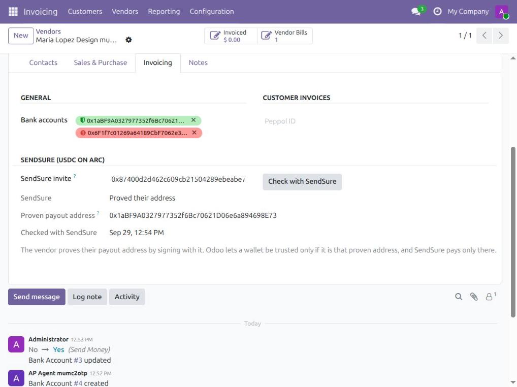 An Odoo vendor: the wallet the vendor proved is trusted, a wallet someone added is refused